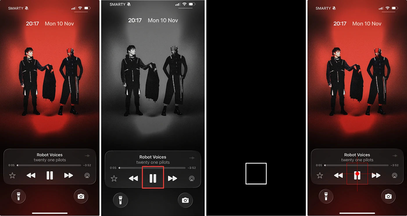 From left to right: Original image, Nano Banana output, isolated red channel, final bounding box. Prompted to locate "the pause button". We convert to grayscale first so that any red in the original image doesn't affect our red coordinate-smuggling channel.