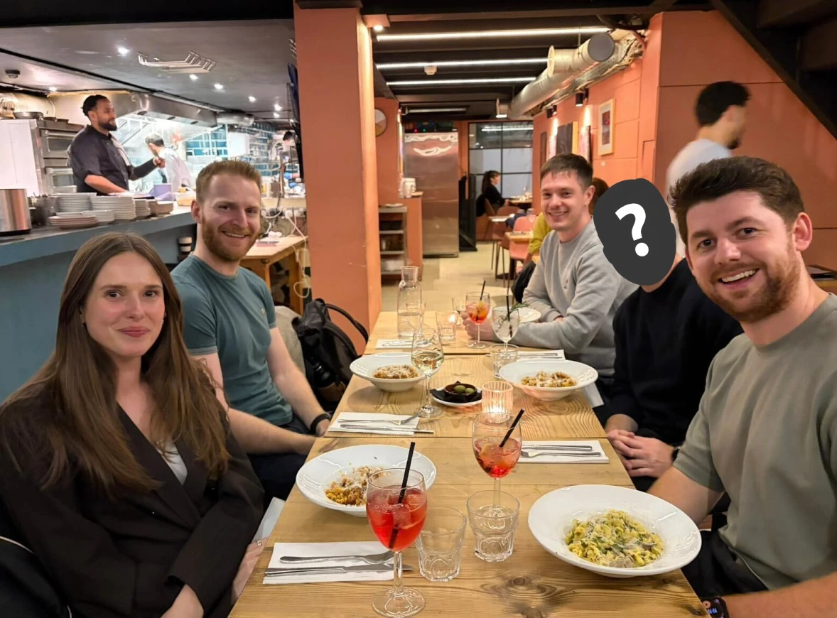 The four of us, plus our new hire: who is this mystery pasta-enjoyer?